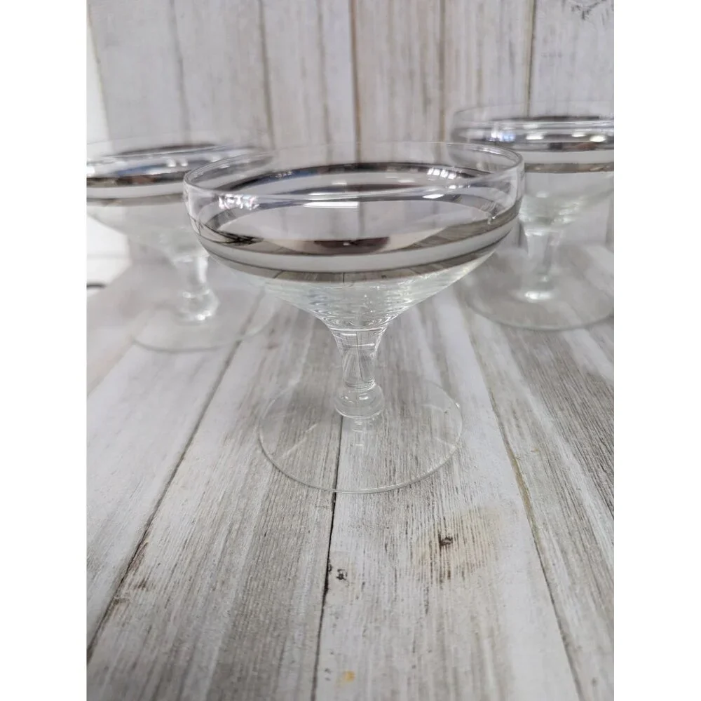 Champagne Glasses 3 3/8" Stemmed Set of 4 Silver Bands - Picture 3 of 6
